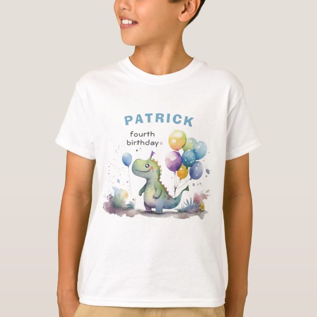 Dino Party Watercolor Boy Blue Birthday T-Shirt (Front)