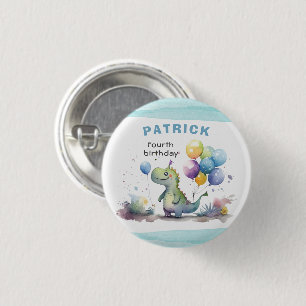 Dino Party Watercolor Boy Blue Square Birthday 3 Cm Round Badge
