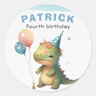 Dino Party Watercolor Boy Blue Square Birthday Classic Round Sticker