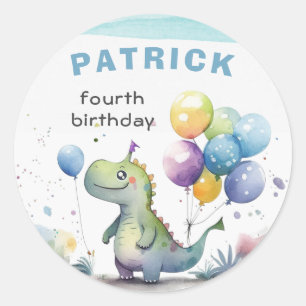 Dino Party Watercolor Boy Blue Square Birthday Classic Round Sticker
