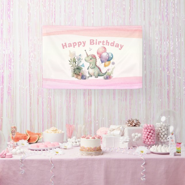 Dino Party Watercolor Girl Pink Birthday Banner (Party)