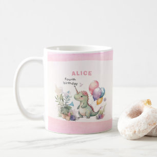 Dino Party Watercolor Girl Pink Birthday Coffee Mug