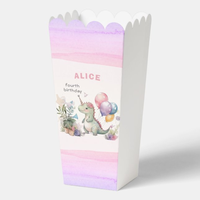 Dino Party Watercolor Girl Pink Birthday Favour Box (Front)