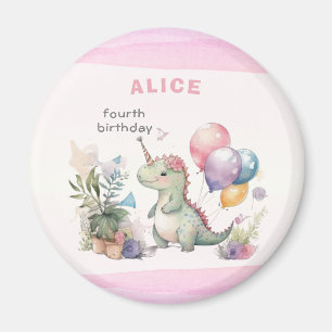 Dino Party Watercolor Girl Pink Birthday Magnet
