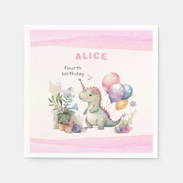 Dino Party Watercolor Girl Pink Birthday Napkin (Front)