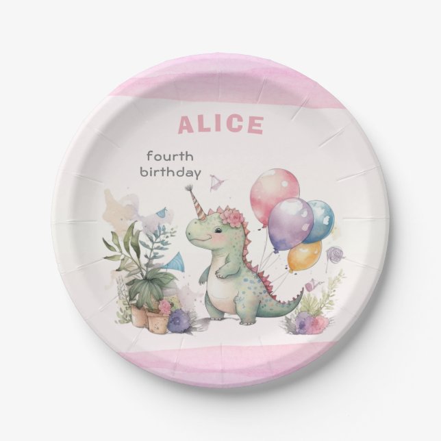 Dino Party Watercolor Girl Pink Birthday Paper Plate (Front)