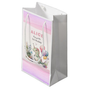 Dino Party Watercolor Girl Pink Birthday Small Gift Bag