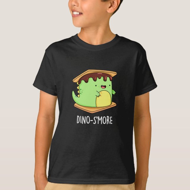Dino-smore Funny Dinosaur Smore Pun Dark BG T-Shirt (Front)
