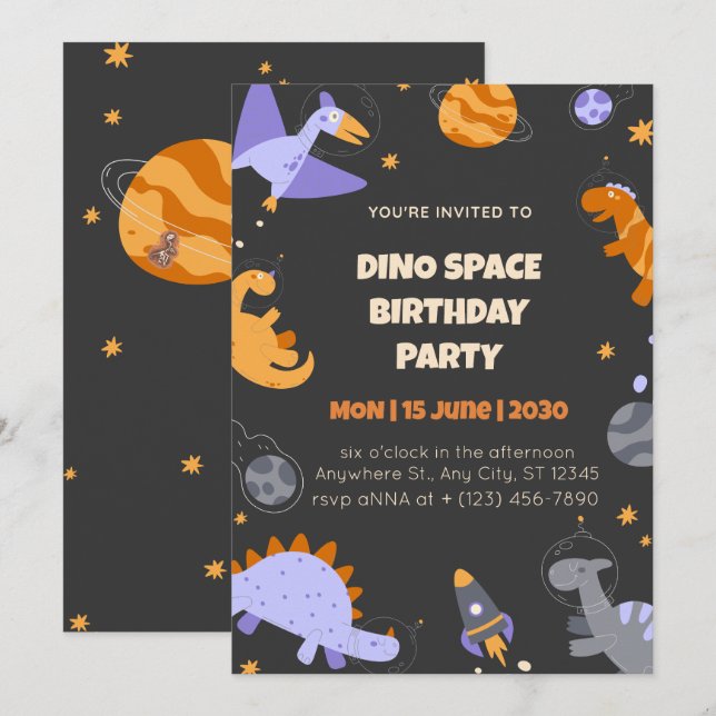 Dino Space Birthday Invitation for Boys Editable (Front/Back)
