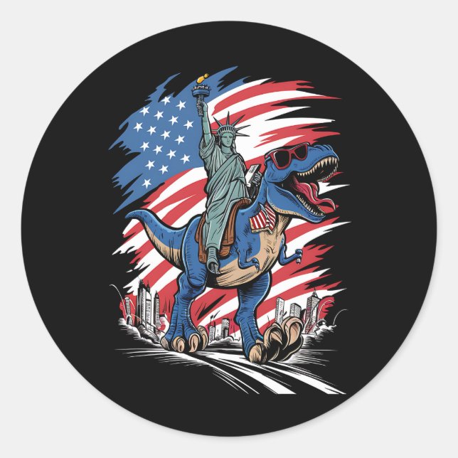 Dino Statue Of Liberty 4th Of July American Flag  Classic Round Sticker (Front)