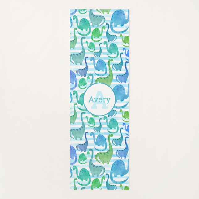 Dino Stripe Watercolor Dinosaurs Personalised Yoga Mat (Front)