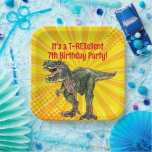 Dino T-Rex Dinosaur Funny Birthday Boy Yellow Paper Plate