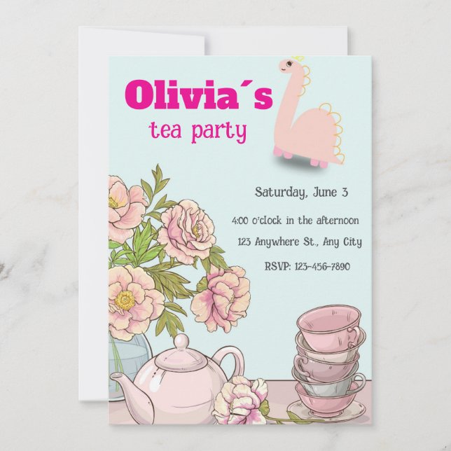 Dino Tea Party Birthday Invitation for Girls (Front)