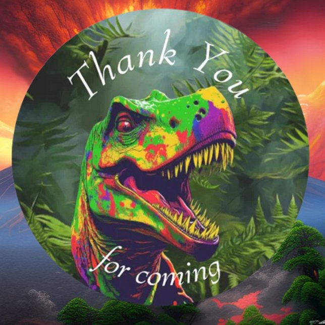 Dino Thank You kids Jungle Classic Round Sticker (Bring your dream party to life with our selection of quality Dinosaur themed party supplies)