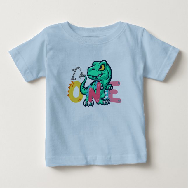 Dino TRex I'm 1 Birthday boys ONE Back to school Baby T-Shirt (Front)