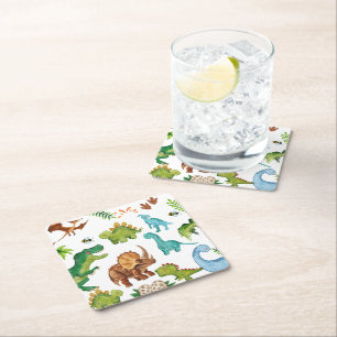 Dino Two rex 2nd boy Dinosaur birthday party Square Paper Coaster