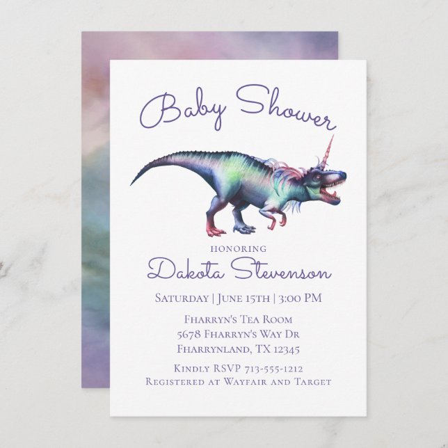 Dinocorn Baby Shower | Colourful Unicorn Dinosaur Invitation (Front/Back)