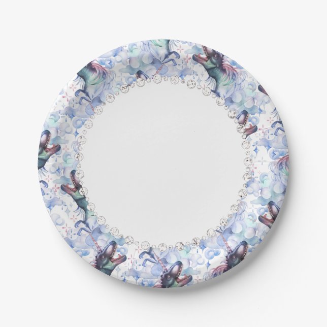 Dinocorn Clouds | Mystical Unicorn Horned Dinosaur Paper Plate (Front)