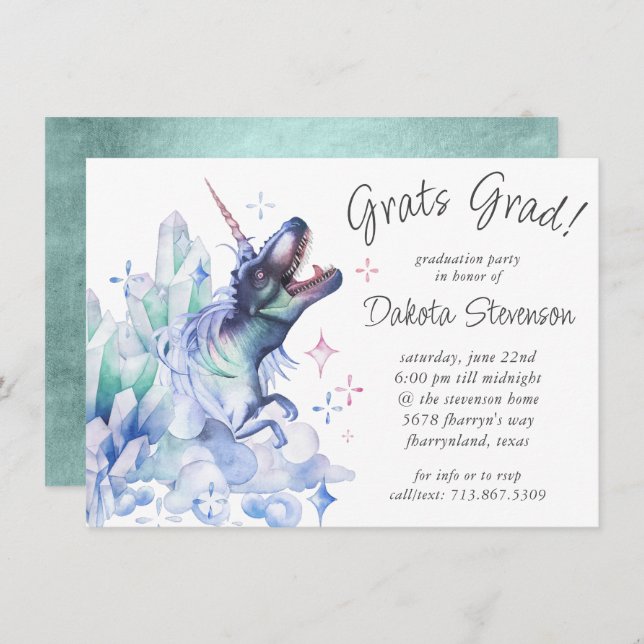 Dinocorn Crystal | Unicorn Dinosaur Grad Party Invitation (Front/Back)