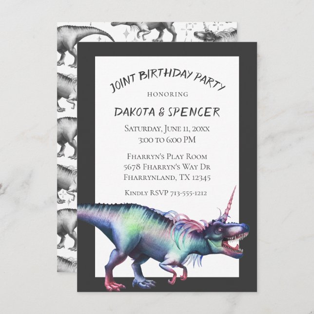 Dinocorn Joint Birthday Party | Unicorn Dinosaur Invitation (Front/Back)