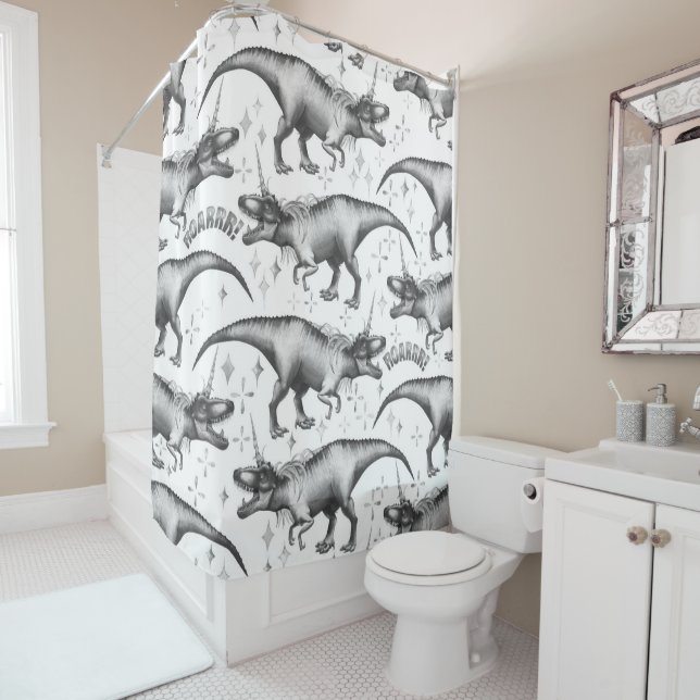 Dinocorn Silver Pattern | Fantasy Black and White Shower Curtain (In Situ)