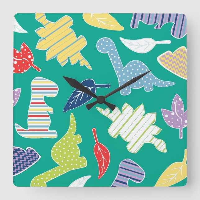 Dinomite! Cute Colourful Dinosaur Pattern Green Square Wall Clock (Front)