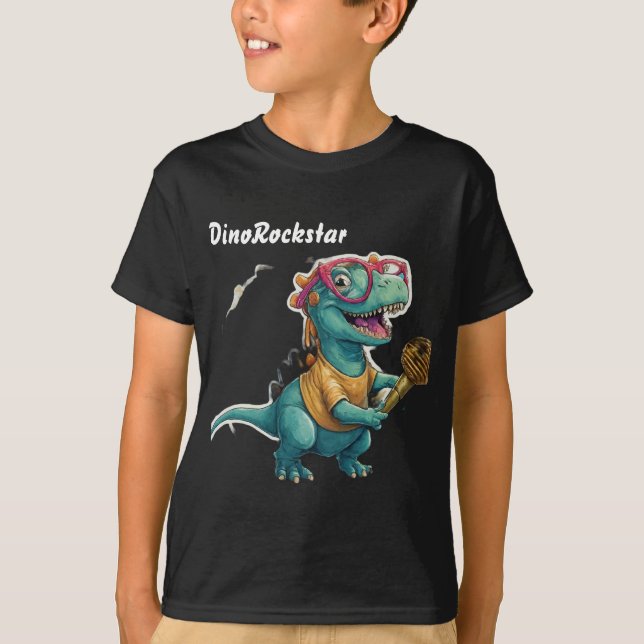 DinoRockstar dinosaur with glasses and golden mic  T-Shirt (Front)