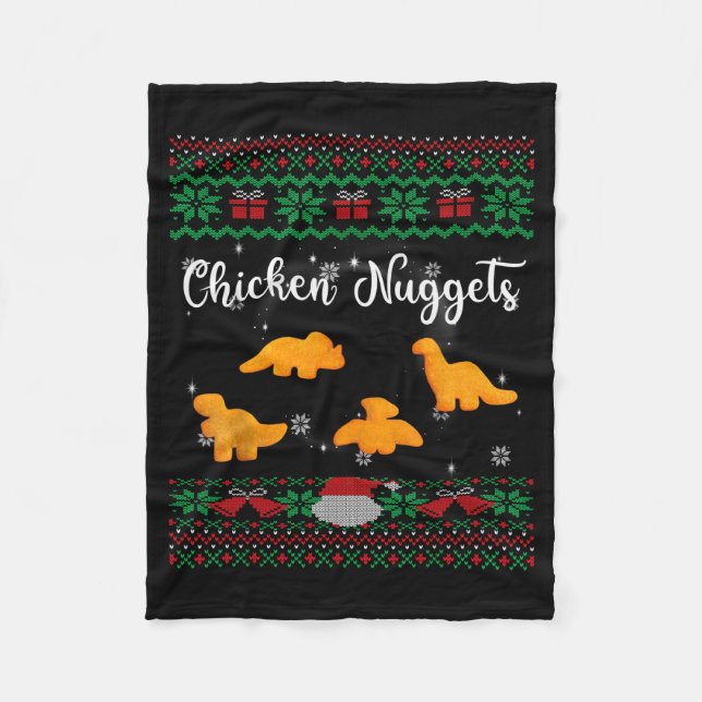 Dinos Chicken Nuggets Ugly Christmas Sweater Funny Fleece Blanket (Front)
