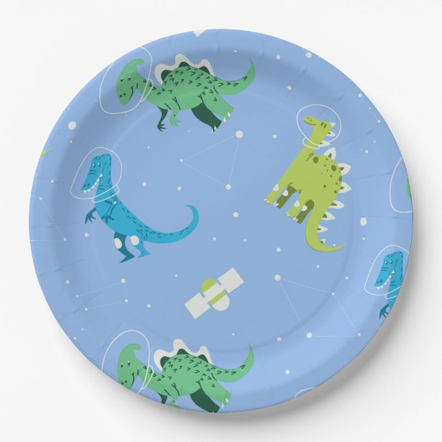 Dinos Space Dinosaur kids Pattern Gift Cute Summer Paper Plate (Front)