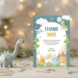 Dinosaur 1st Birthday Blue Thank You Card