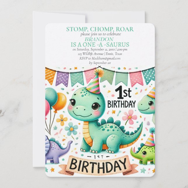 Dinosaur 1st Birthday Boy Stomp Chomp Roar Invitation (Front)
