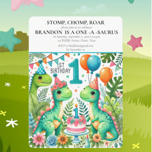 Dinosaur 1st Birthday Boy Stomp Chomp Roar Invitation