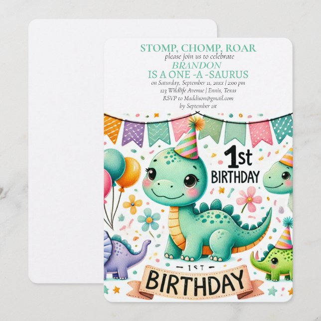 Dinosaur 1st Birthday Boy Stomp Chomp Roar Invitation (Front/Back)