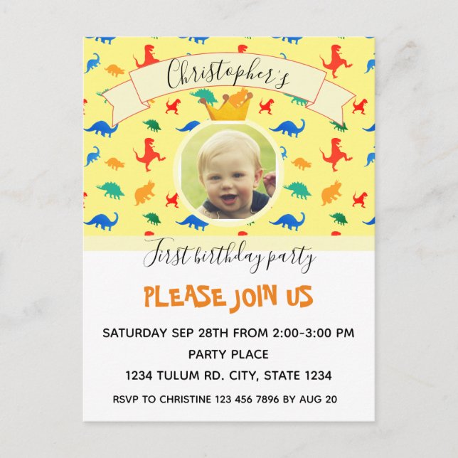 Dinosaur 1st Birthday colourful baby boy photo Holiday Postcard (Front)