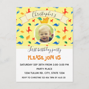 Dinosaur 1st Birthday colourful baby boy photo Invitation Postcard