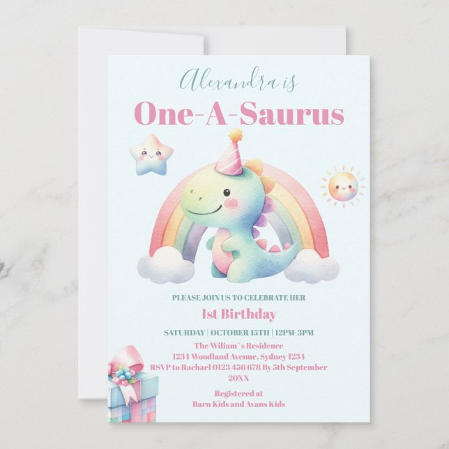Dinosaur 1st Birthday Colourful Cute Invitation (Front)