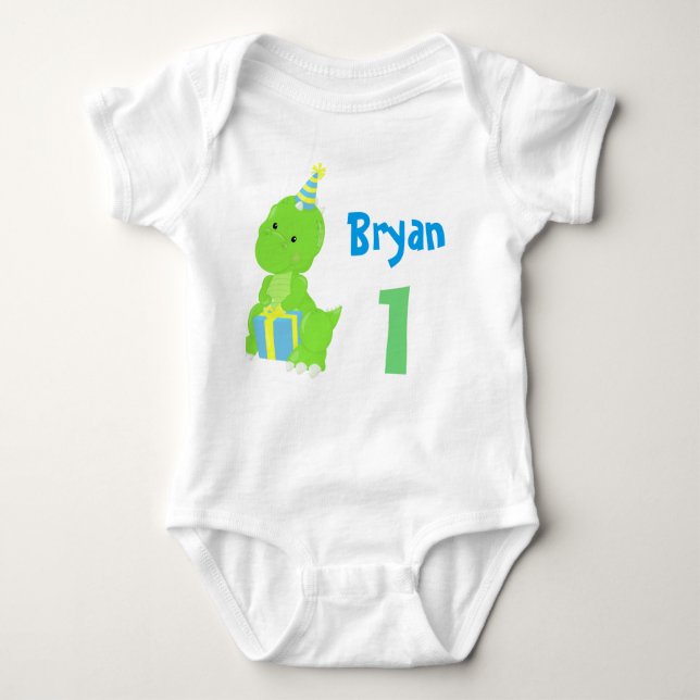 Dinosaur 1st Birthday Cute Blue Green Dino Boy Baby Bodysuit (Front)
