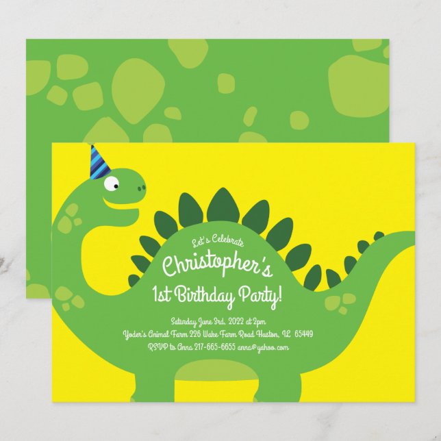 Dinosaur 1st Birthday Cute Invitations (Front/Back)