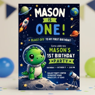Dinosaur 1st Birthday Invitation Boy Space