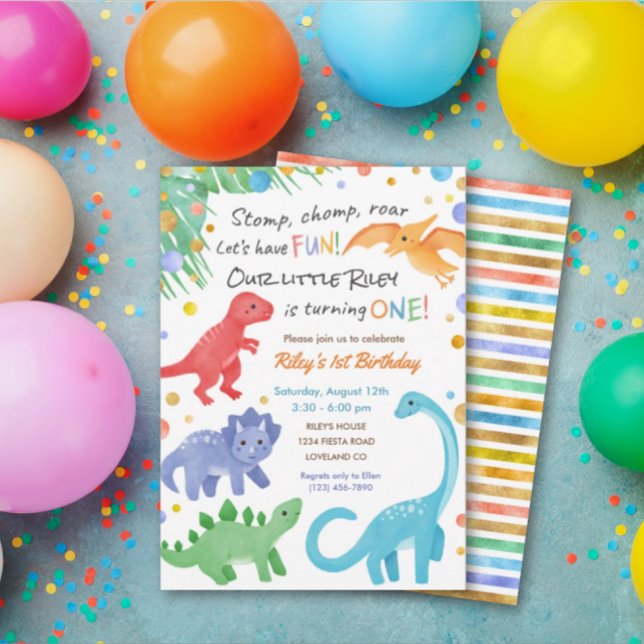 Dinosaur 1st Birthday Invitation Colourful Cute (Creator Uploaded)