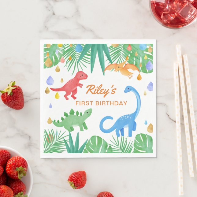 Dinosaur 1st Birthday Invitation Colourful Cute Napkin (Insitu)
