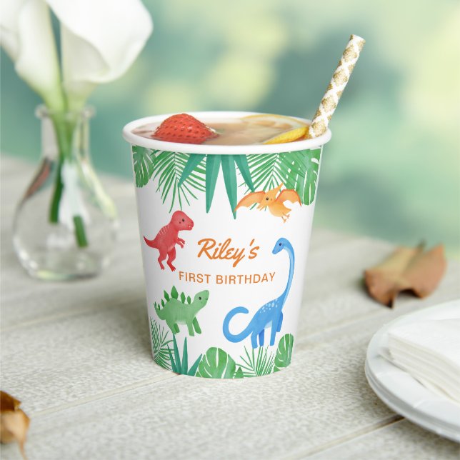 Dinosaur 1st Birthday Invitation Colourful Cute Paper Cups (Insitu)