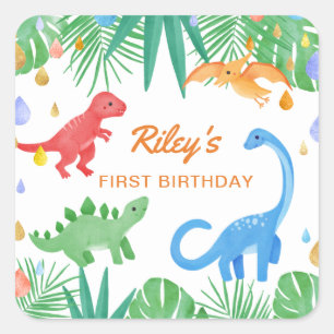 Dinosaur 1st Birthday Invitation Colourful Cute Square Sticker