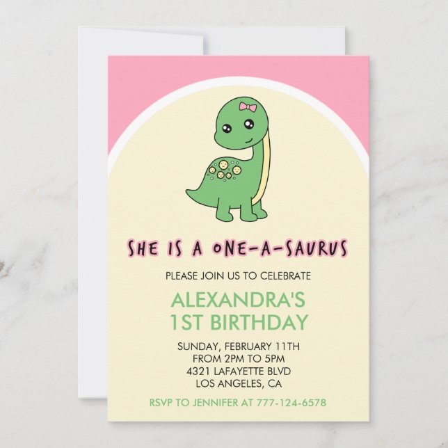 Dinosaur 1st birthday invitation girl one a saurus (Front)