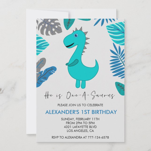 Dinosaur 1st birthday invitation one-a-saurus boy (Front)