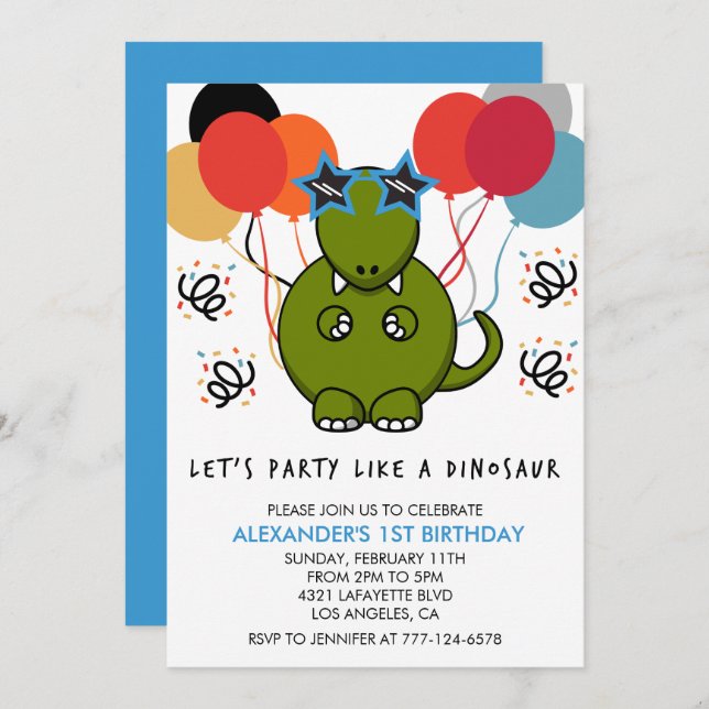 Dinosaur 1st birthday invitations like a dinosaur  (Front/Back)