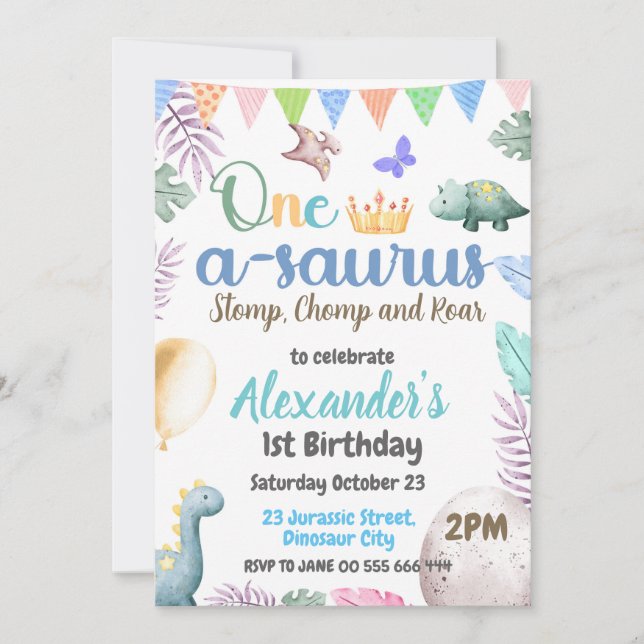 Dinosaur 1st Birthday One-A-Saurus Boy Party Invitation (Front)