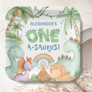 Dinosaur 1st Birthday One A-Saurus Dino Party Paper Plate