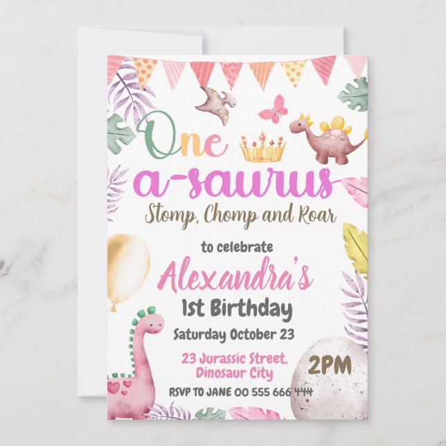 Dinosaur 1st Birthday One-A-Saurus Girl Party Invitation (Front)
