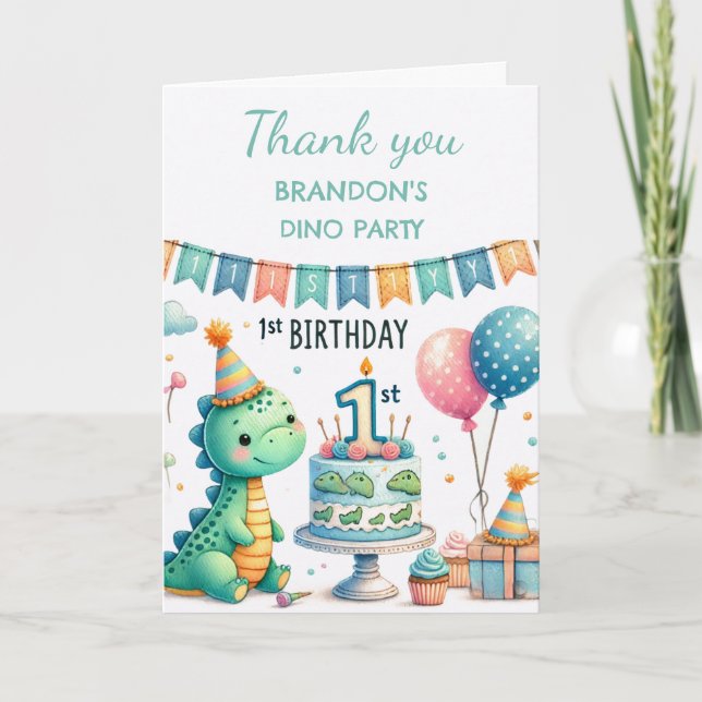 Dinosaur 1st Birthday Party Boy Dino Cute Thank You Card (Front)